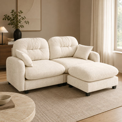 Canapé d'angle minimaliste en chenille plissée avec pouf, 2 places, beige