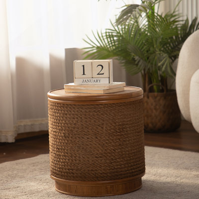 Table basse ronde en rotin avec rangement amovible, garniture en corde de chanvre tissée à la main, style boho-chic, parfaite pour les salons confortables et les espaces compacts