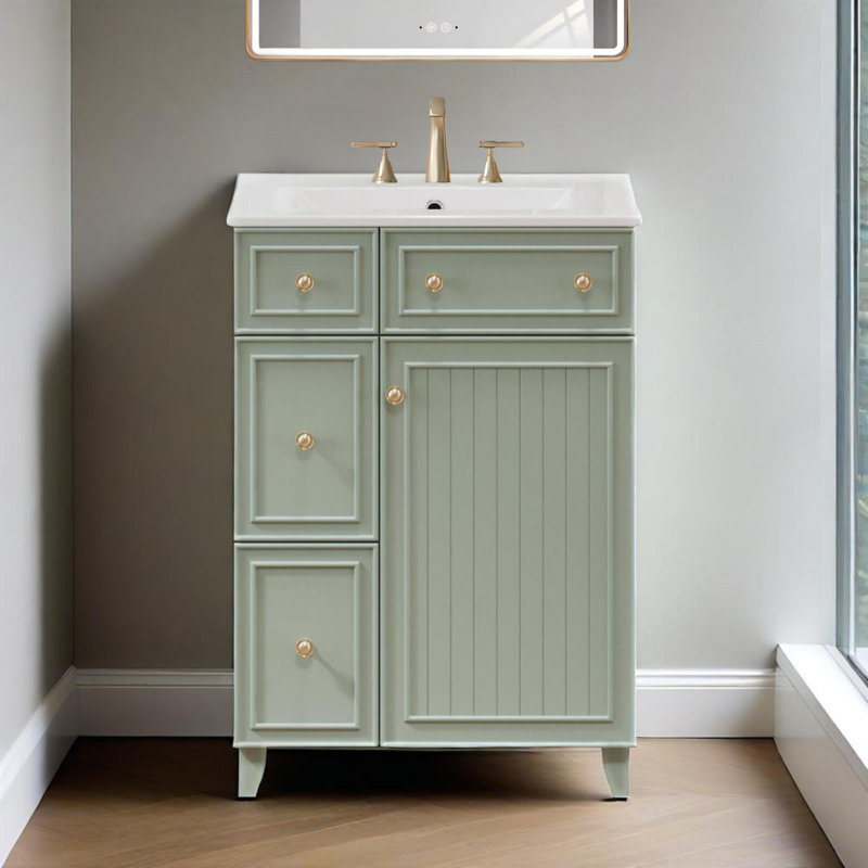 Meuble-lavabo 24 po avec lavabo en céramique, 2 tiroirs, 1 porte, Vert, Doré
