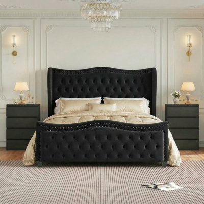 EN VENTE ensembles de chambre à coucher 3 pièces, lit à oreilles capitonné en velours capitonné et tables de chevet 4 tiroirs 2 pièces