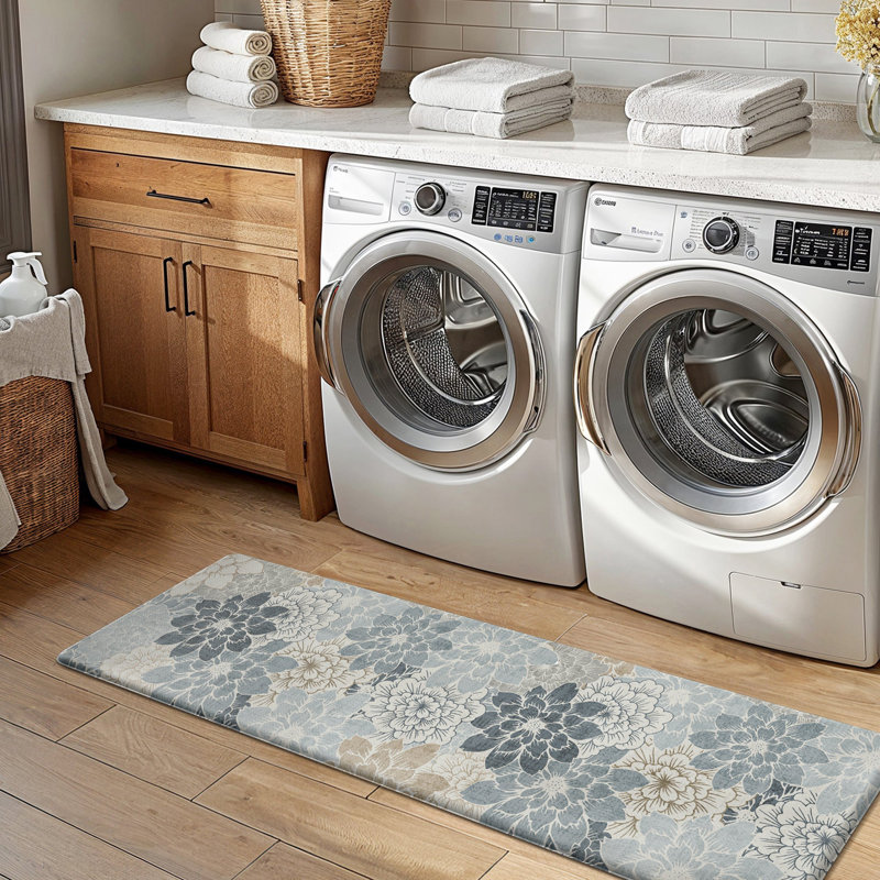 Tapis de cuisine rétro anti-fatigue antidérapant, L 47 po x H 17 po, Brun / beige / bleu floral