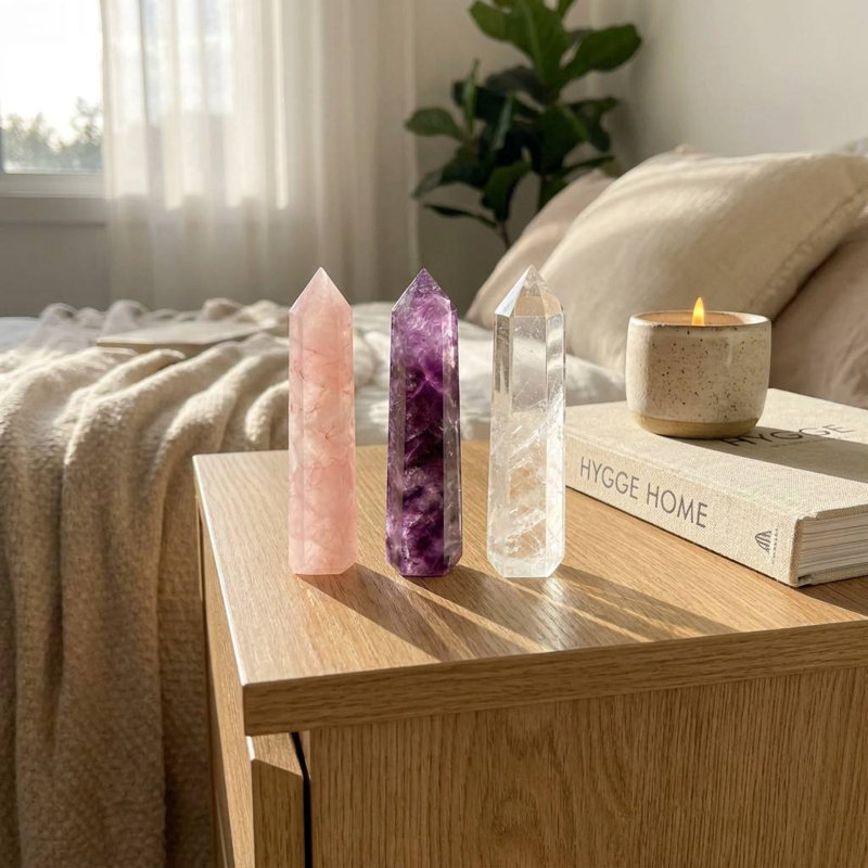  Ensemble de 3 piliers en cristal naturel de 1,57 pouce - améthyste, quartz rose et quartz transparents polis à la main pour la décoration de table 3 pièces