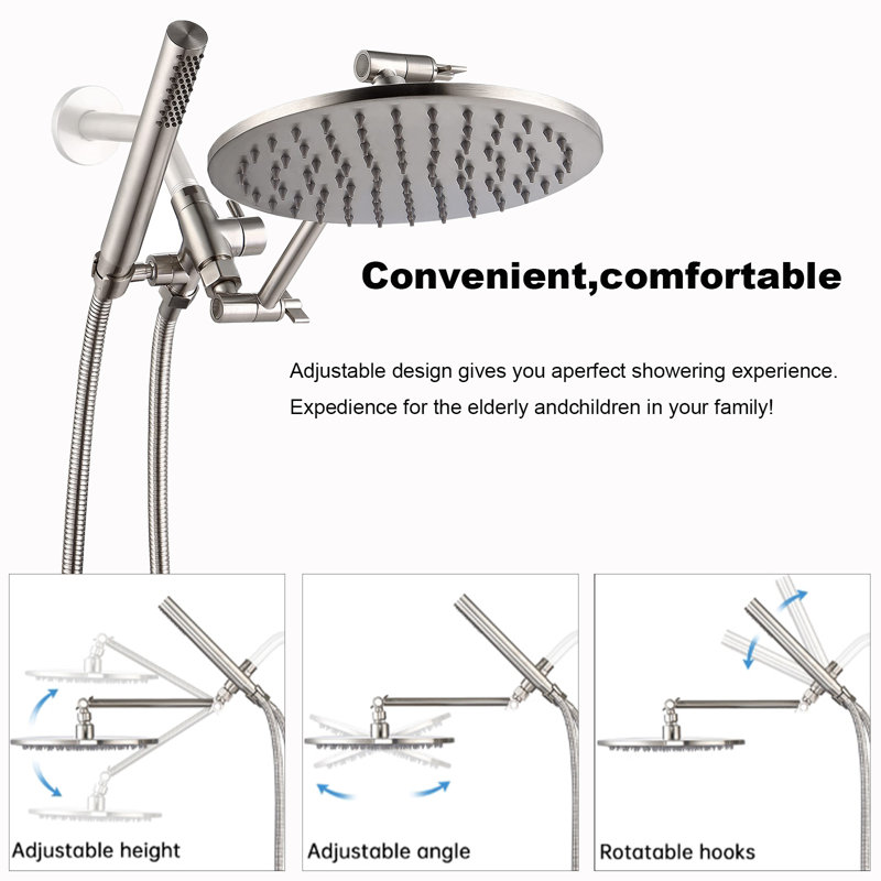 All-Metal Dual Shower System - 8" Rainfall Shower Head & Handheld Spray With 3-Way Diverter, Adjustable Extension Arm & 71" Hose