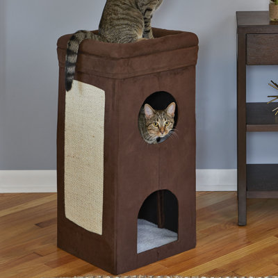Maison pour chat à trois niveaux Feline Nuvo MidWest Homes for Pets en simili suède brun et peau de mouton synthétique