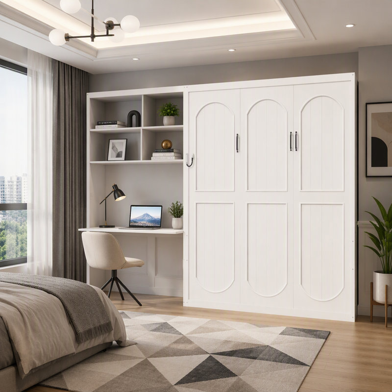 Lit escamotable avec bureau intégré et armoire de rangement multicouche, White