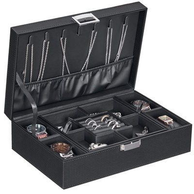 Boîte à bijoux avec plateau amovible pour 4 boîtes à montre, étui de rangement pour présentoir à bijoux, étui à boucles d'oreilles en fibre de carbone, noir