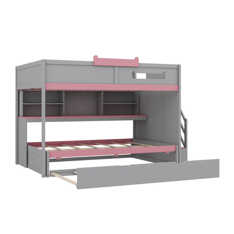 Lit superposé double au-dessus de double avec tablettes de rangement et éclairage DEL réglable, Gris