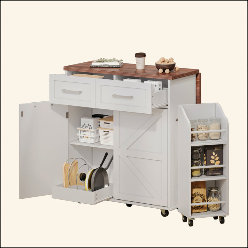47.2" Farmhouse Kitchen Island With Drop Leaf, Kitchen Storage Island With Removable Side Racks, Two Drawers, Rolling Kitchen Cart On Wheels With Towel Rack, For Home, Kitchen, Dining Room