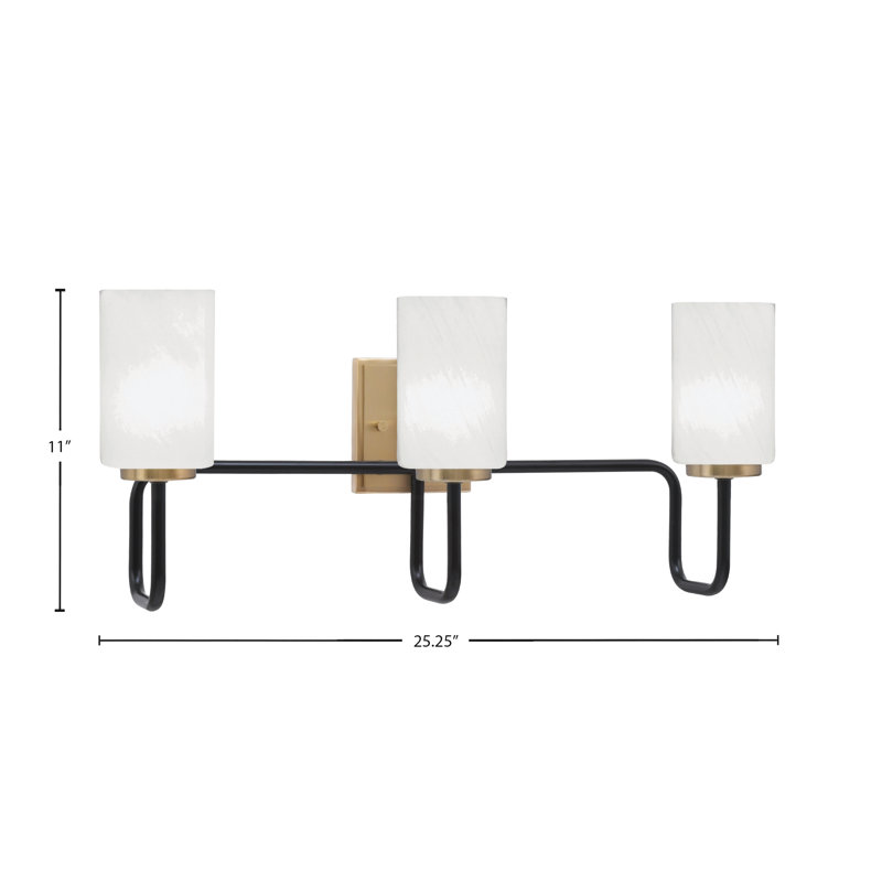 Barre d'éclairage de salle de bain 3 lumières Amarmula au fini noir mat et laiton vieilli, verre marbré blanc 4 po, Blanc