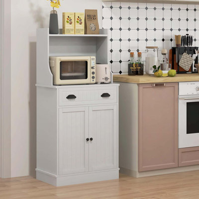 Armoire à micro-ondes avec tiroir de rangement, armoire à double porte et tablette réglable, buffet avec huche et trou de câble, armoire de rangement pour cuisine, salle à manger, salon, blanc