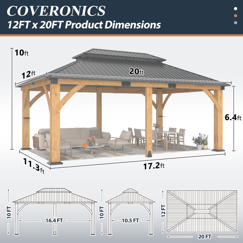 Pavillon de jardin d'extérieur en bois d'épinette avec toit rigide en acier galvanisé, pavillon de jardin permanent en bois avec structure durable et double toit