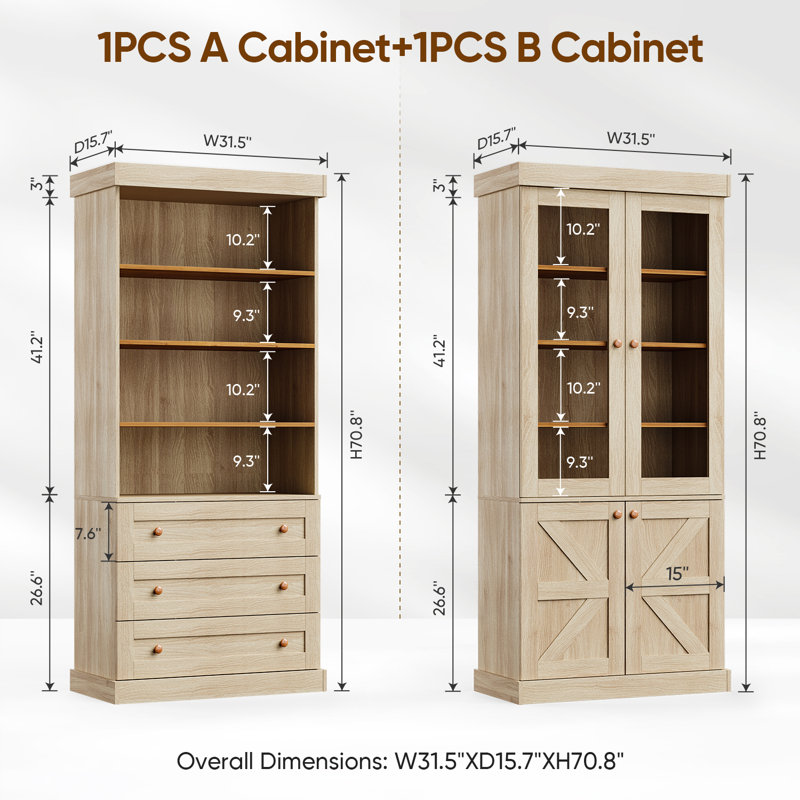 Rylay Storage Bookcase Cabinet & 2 Glass Door Cabinets With 1 Open Storage &  3 Drawer