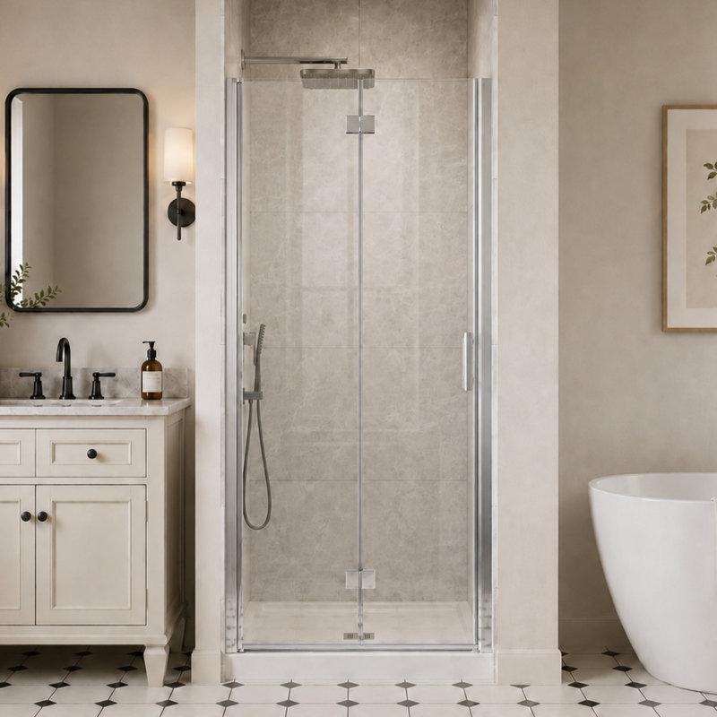 LEROKA Semi-Frameless Bifold Pivot Shower Door with 6mm (1/4 in.) Tempered Glass, 72" H x 33" W, Brushed Chrome