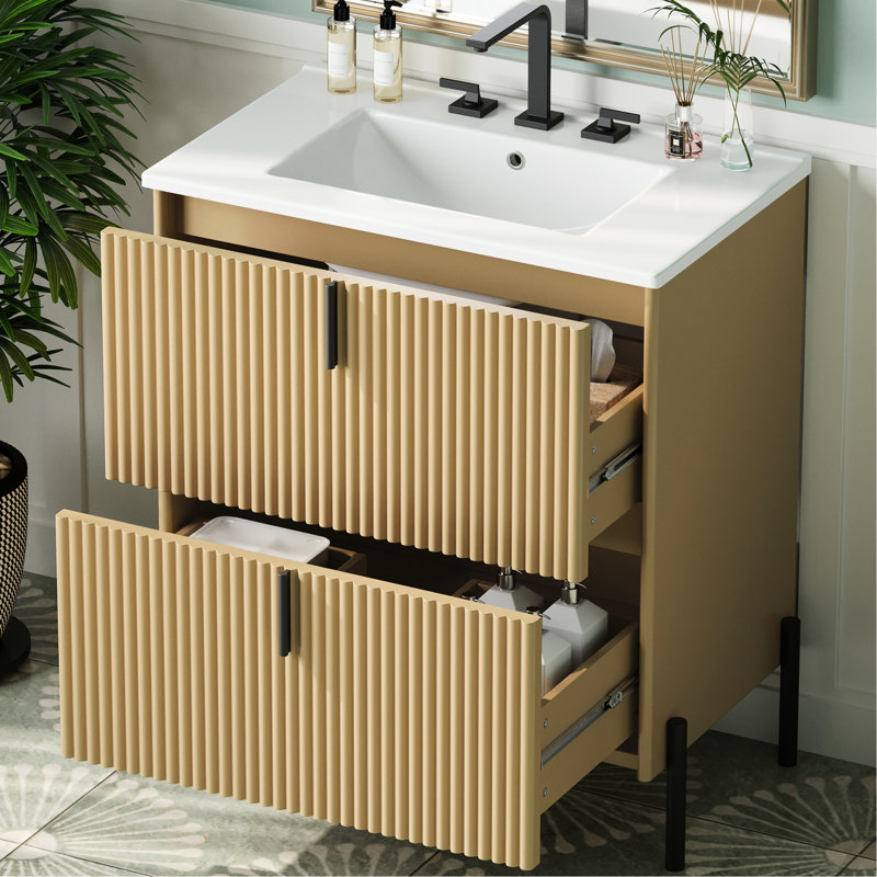 Meuble-lavabo en céramique de 30 po avec cloison de tiroir intelligente, glissières à fermeture en douceur et conception de déversement pour un lavabo pratique, rangement intelligent, mécanisme de fermeture en douceur, cannelé moderne fabriqué à la main