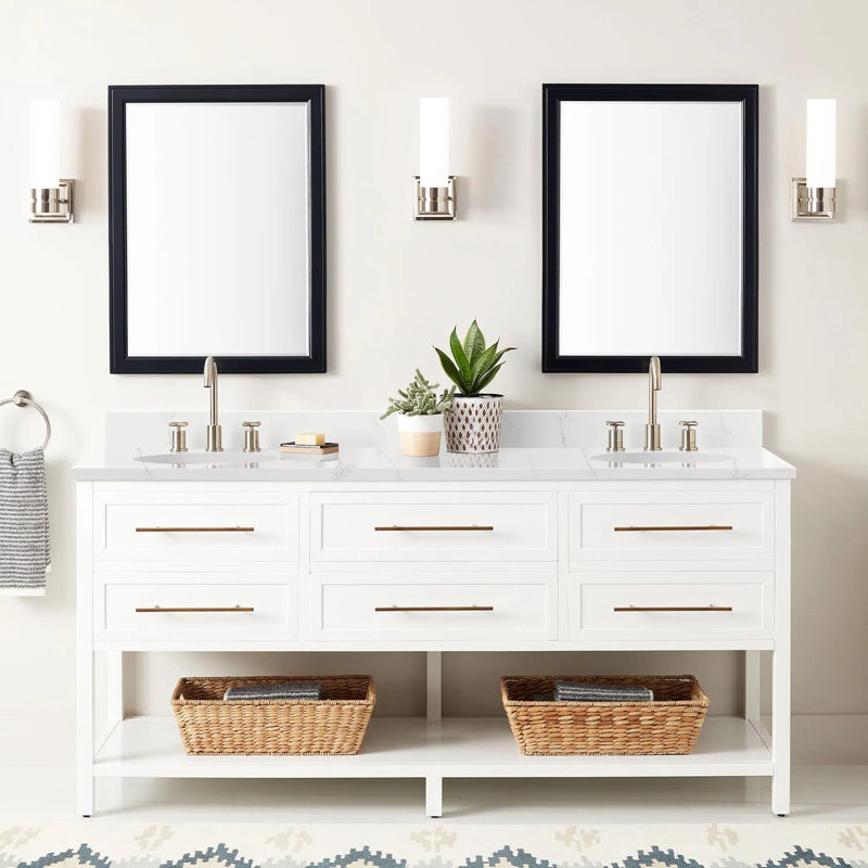 72" Robertson Double Bathroom Vanity Set with Oval Undermount Sinks, White, 8" Widespread, Feathered White Quartz