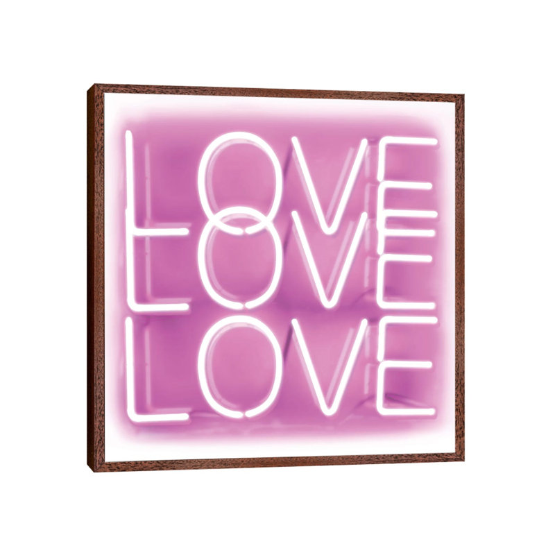 Neon Love Love Love Pink On White by Hailey Carr - Print on Canvas, Classic Brown Wood Framed, 45.72 cm H x 45.72 cm W