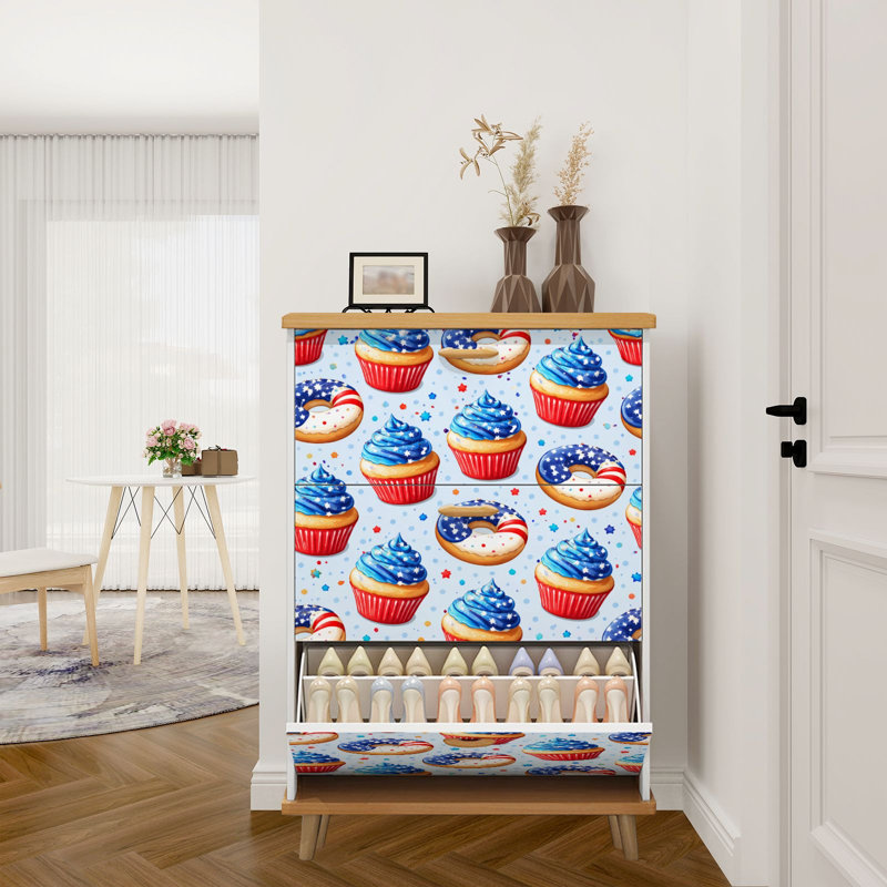 Rangement pour chaussures avec 3 tiroirs rabattables pour un drapeau américain patriotique, des beignets, des petits gâteaux, des étoiles rouges, des étoiles bleues et un rangement pour chaussures