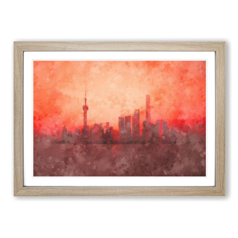 The Shanghai China Skyline - Picture Frame Painting Print, 33cm H x 45cm W x 2cm D, Oak Framed