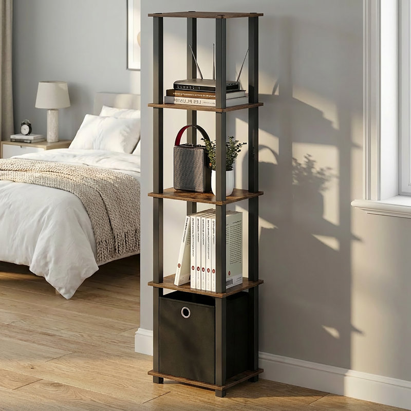 Tarris Book Shelf, 5-Tier Square Open Frame Display Shelf, Corner Storage Shelves with Storage Bin, Shelving Unit, for Organization, Living Room, Garage, Home Office, Amber Pine