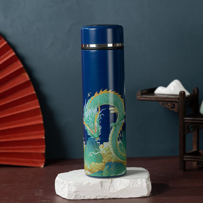 Bouteille d'eau isotherme isotherme de voyage, thé, thermos, crépine amovible et température avec art chinois - 16,9 oz liq. (Dragon bleu)