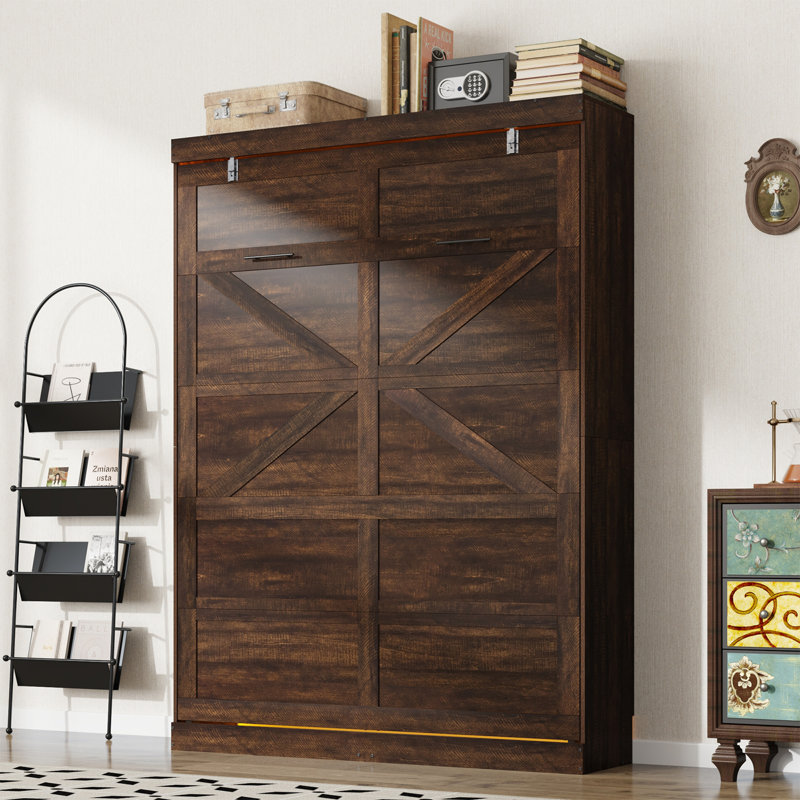 Lit escamotable Murphy avec lumières DEL, aucun sommier requis, pour le bureau à domicile, Brun, Grand