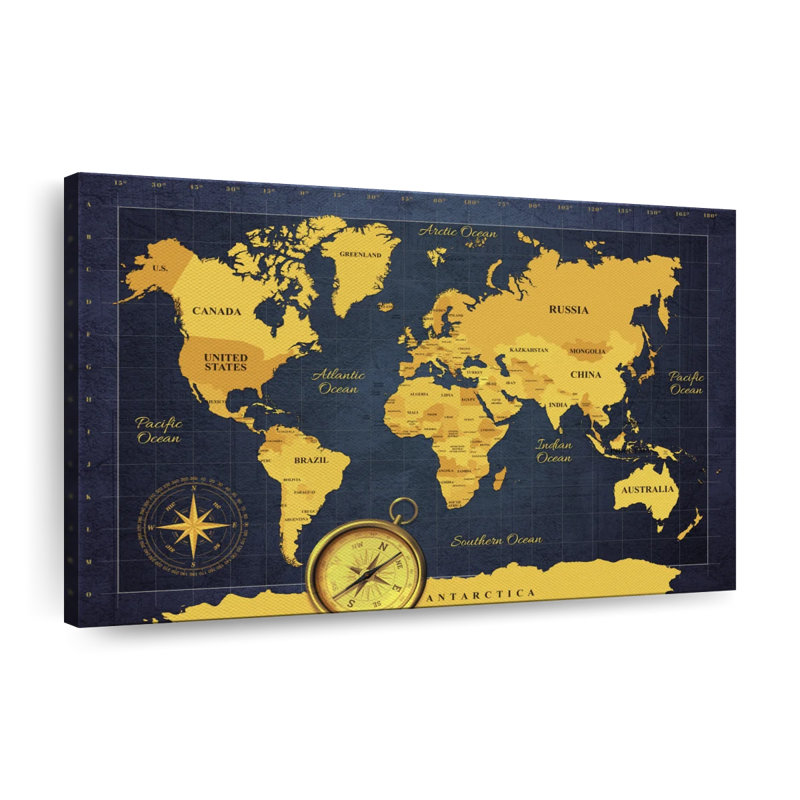 Carte du monde boussole dorée sur toile, H 8 po x l 12 po x P 1 po