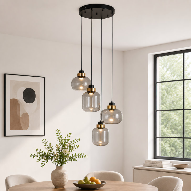 Modern 4-Light Cluster Glass Pendant Light with Smoked Glass Shades