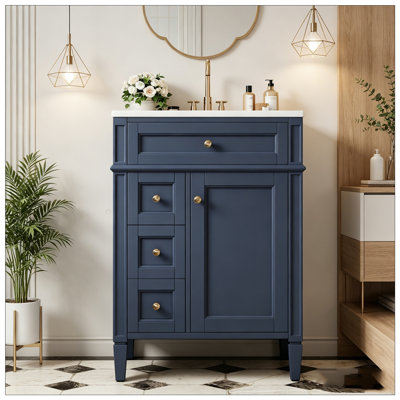 Meuble-lavabo de salle de bain avec lavabo supérieur, armoire de rangement, 2 tiroirs et un tiroir basculant