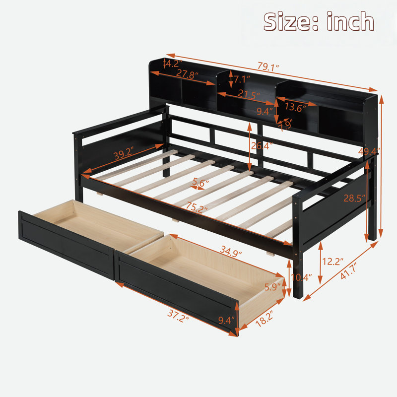 Modern Daybed With Storage Shelves And 2 Drawers, Espresso