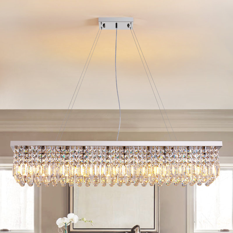 Plafonnier de luxe moderne rectangulaire à lustre en cristal à 10 lumières Bertu, H 10 po x L 47 po x l 10 po, Chrome poli