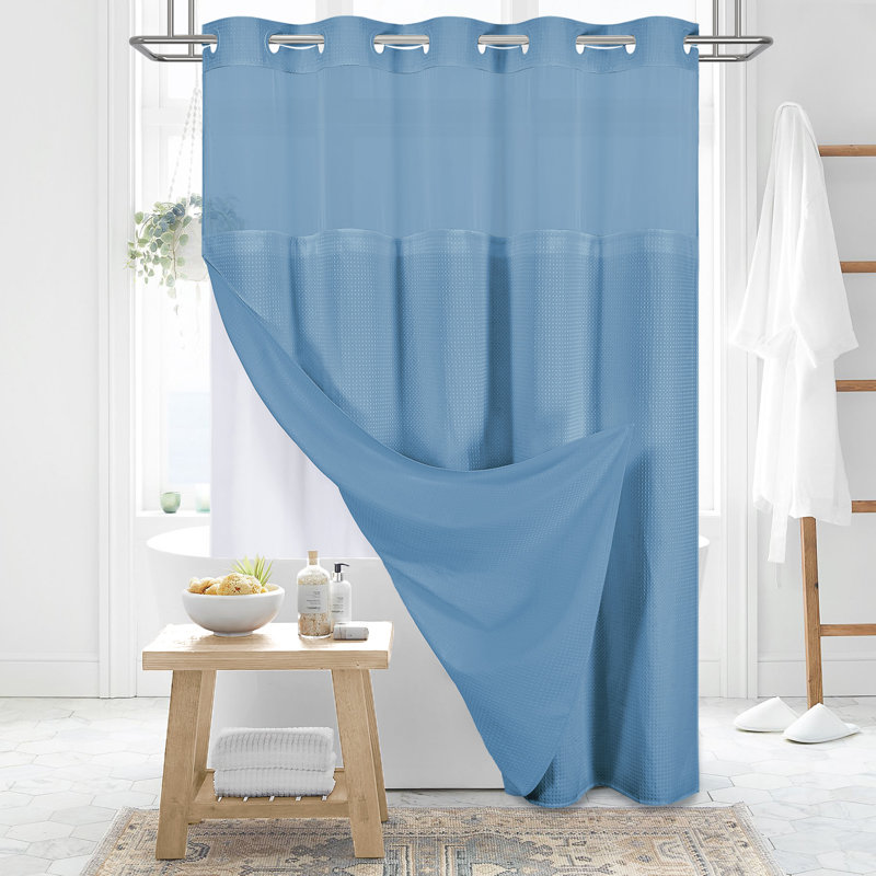 Waffle Instant Install Hook Shower Curtain with Snap-in Liner and Mesh Top Window, Modern Simple Elegant Fabric Shower Curtain Set for Bathroom