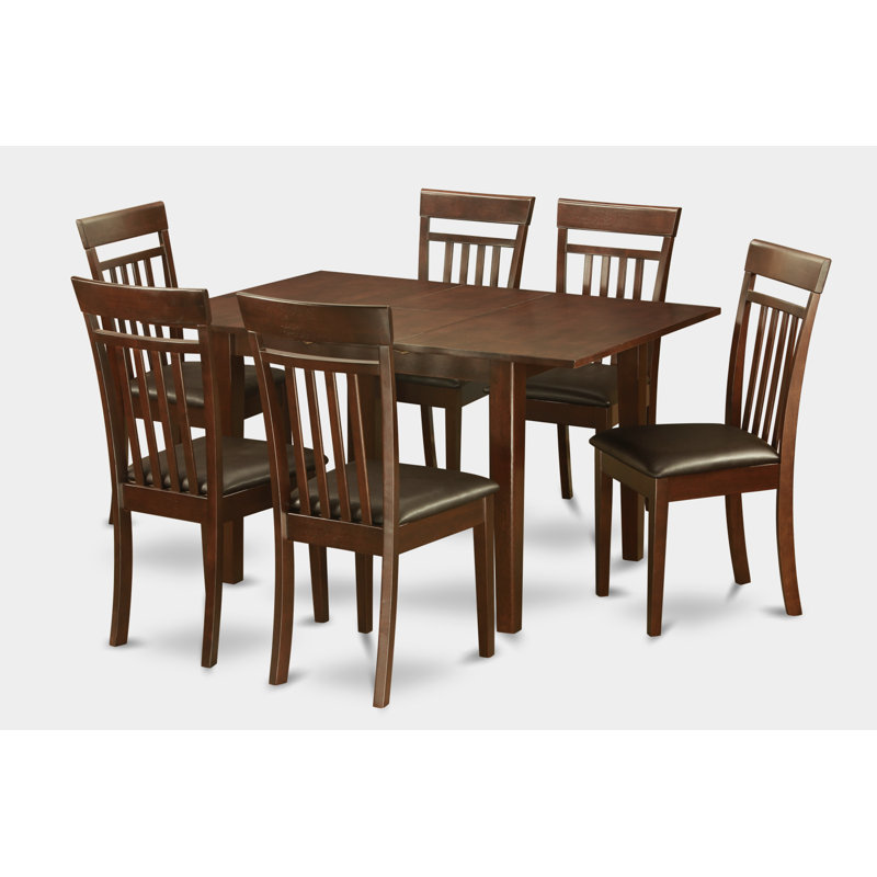 7 Piece Dining Set Consist of a Rectangle Dining Table with Butterfly Leaf and 6 Faux Leather Kitchen Room Chairs, Mahogany
