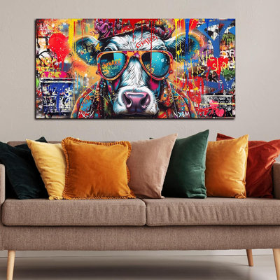 Toile, impression sur toile Banksy Graffiti, impression de vache des Highlands amusante prête à être accrochée pour le salon, chambre à coucher, décor à la maison moderne, taille 24 x 48