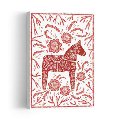Red Folk Horse Abstract Traditional Horse Flower Landscape Wall Art Print 1 Piece Wrapped Canvas Wall Art