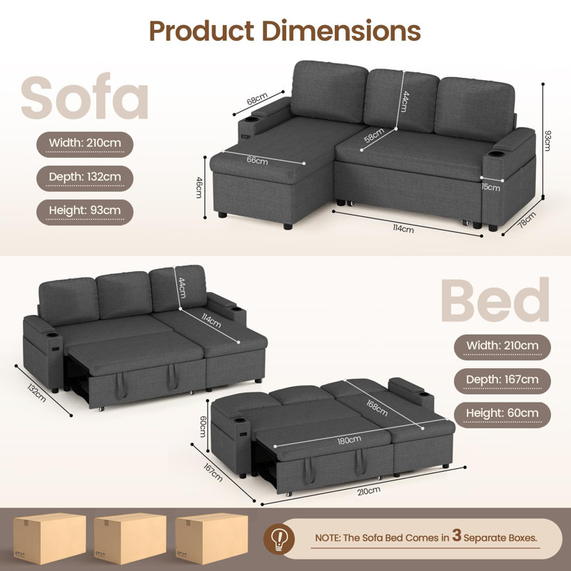 3 Seater Sofa & Chaise, Grey Fabric