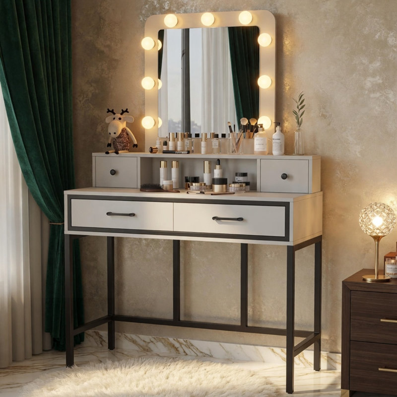 Meuble-lavabo avec miroir 3 lumières Hollywood et 4 tiroirs, White