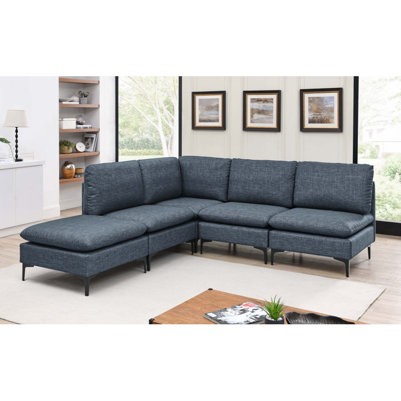 Canapé modulaire réversible avec repose-pieds Atheana, Mélange de lin bleu