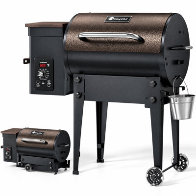 Kingchii 456 pieds carrés Barbecue en bois avec fumoir et barbecue à granules de bois avec contrôle automatique de la température, pieds pliants pour terrasse extérieure, bronze