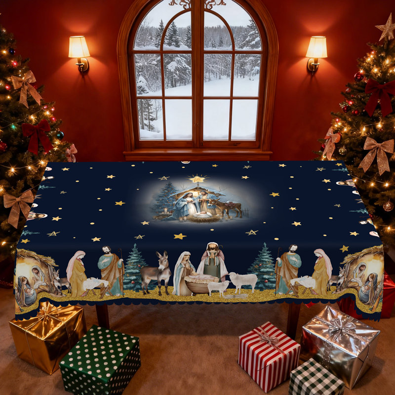 Machine-washable polyester tablecloth featuring a Nativity scene design, perfect for Christmas decorations.