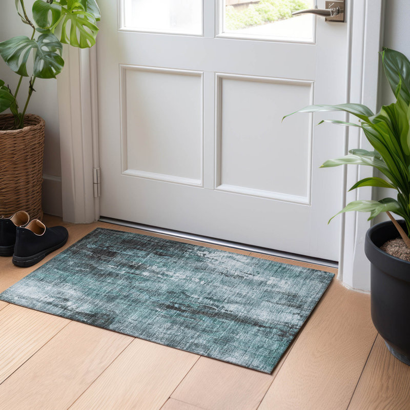 Machine Washable Indoor/Outdoor Cinead ACN1683 Teal Rug, Rectangle 1'8" x 2'6"