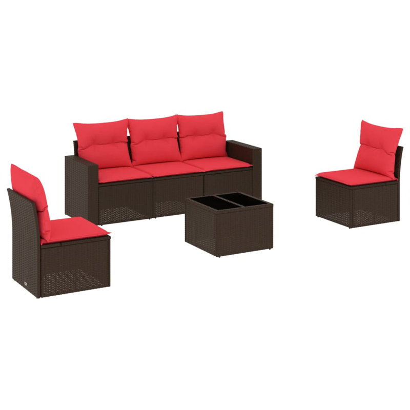  Ensemble de canapé de patio 6 pièces avec coussins en rotin de polyester gris, Rouge, Brun