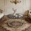 Table basse moderne Ã  plateau rond en verre et structure mÃ©tallique circulaire-577139594-577139599