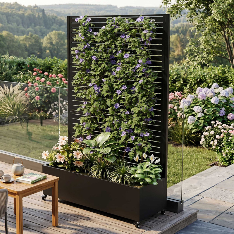 Lit de jardin surélevé en métal avec treillis à persiennes, boîte à fleurs roulante avec écran d'intimité et trous de drainage