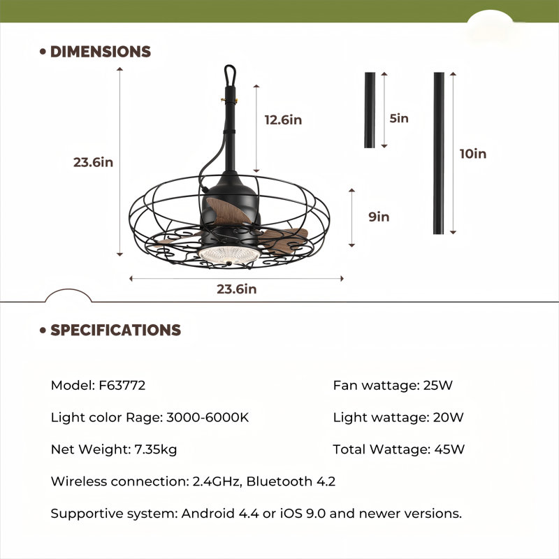 Ventilateur de plafond d'extérieur avec lumières à DEL 28 po Zoyar, 24 po de largeur