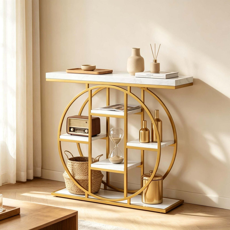 Console moderne avec rangement à plusieurs niveaux et design industriel, Or et blanc