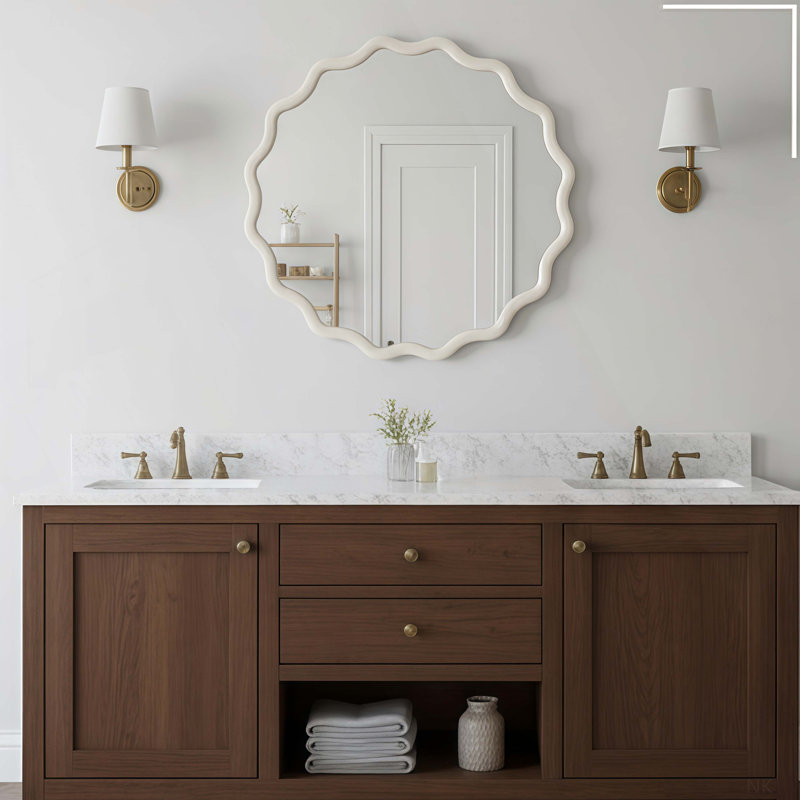 Miroir décoratif rond en bois massif 30 pouces, pour chambre à coucher, salle de bain, salon, vestibule, White