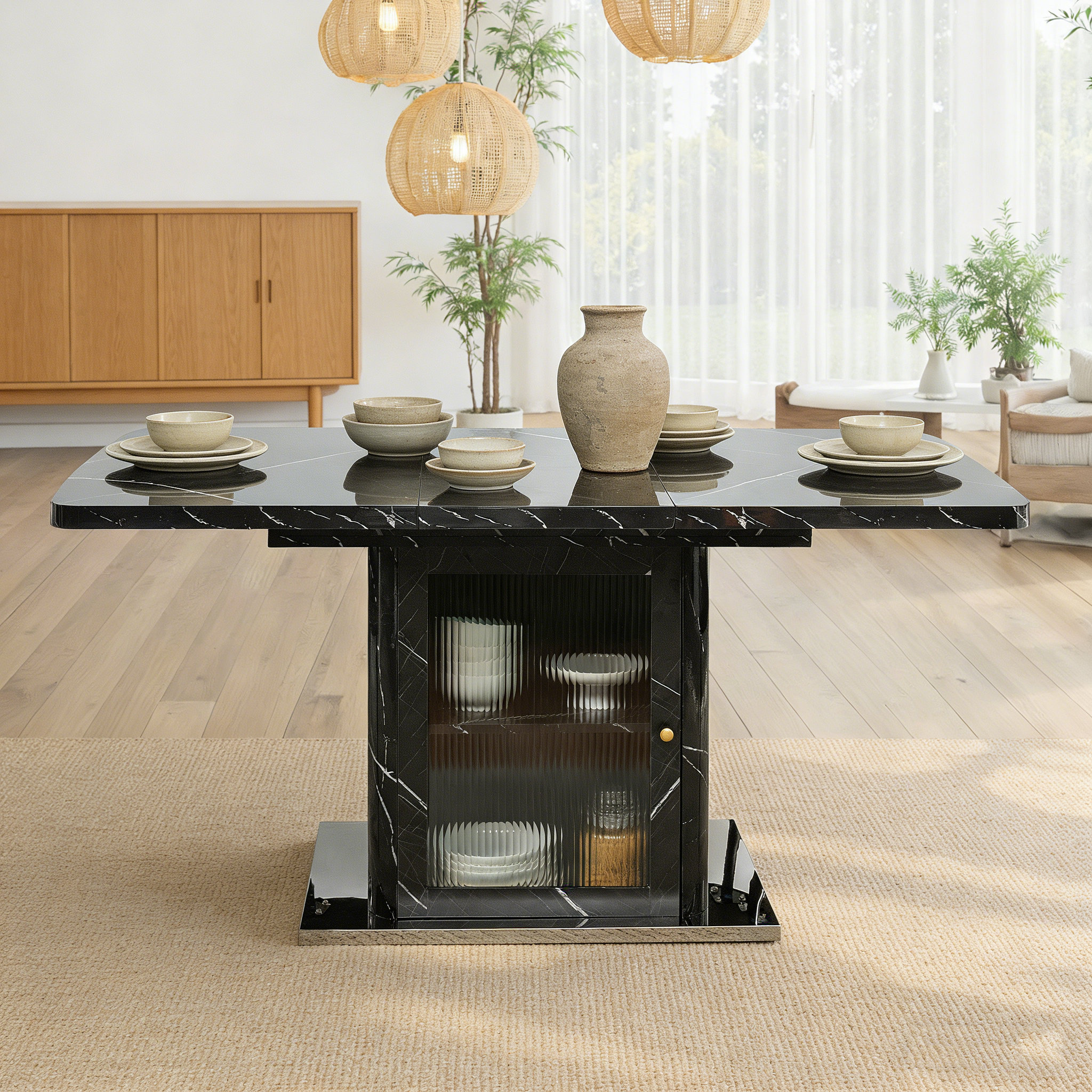 Ivy Bronx Modern Extendable Rectangle Dining Table With Printed Black ...