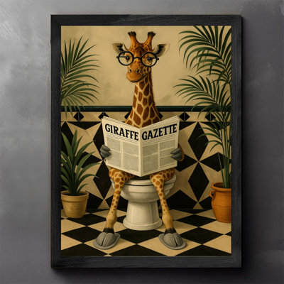 Black Framed Vintage Giraffe reading newspaper on bathroom toilet Wall Art Retro Style Framed Prints
