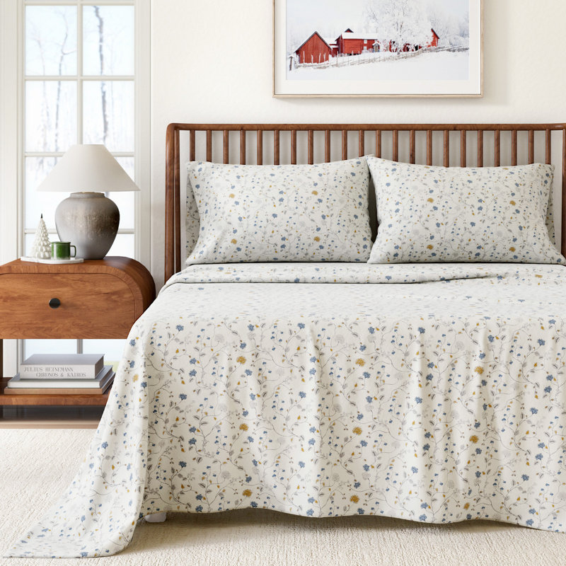 100% Turkish Cotton Flannel Floral Sheet Sets, California King Sheet Set with 2 Pillowcases, Quiet Garden Floral