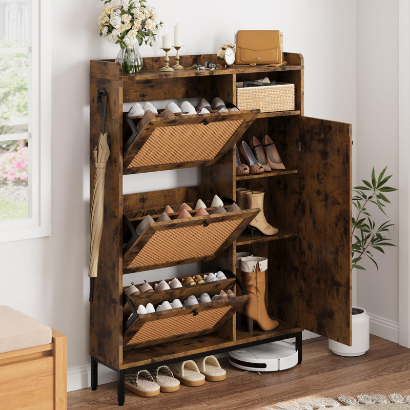 Armoire à chaussures en rotin avec 3 tiroirs rabattables et armoire de rangement à chaussures à 4 niveaux, Brun